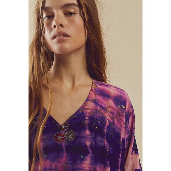 NWT FREE PEOPLE X SUN CHILD ONE SIZE LONG CAFTAN 100% SILK EMBROIDERED - Picture 3 of 4